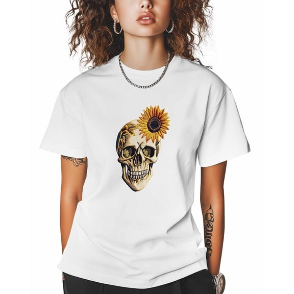 T Shirts for Women Short Sleeve Cotton Crewneck T-Shirt, Skull Sunflower Embroidery Tee Tops Casual Basic T-Shirts, XS-5XL White XXL