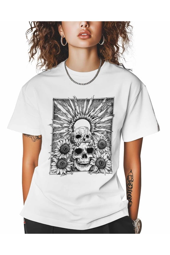 T Shirts for Women Short Sleeve Cotton Crewneck T-Shirt, Skull Sunflower Horror Y2K Line Art Tee Tops Casual Basic T-Shirts, XS-5XL White 3XL