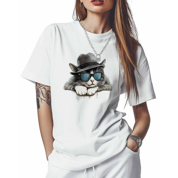 T Shirts for Women Short Sleeve Cotton Crewneck T-Shirt, Sleeping Cat Animal Sunglasses Hat Tee Tops Casual Basic T-Shirts, XS-5XL White XL