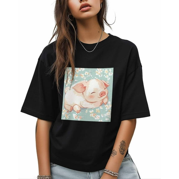 T Shirts for Women Short Sleeve Cotton Crewneck T-Shirt, Sleeping Pig Animal Flower Tee Tops Casual Basic T-Shirts, XS-5XL Black XL