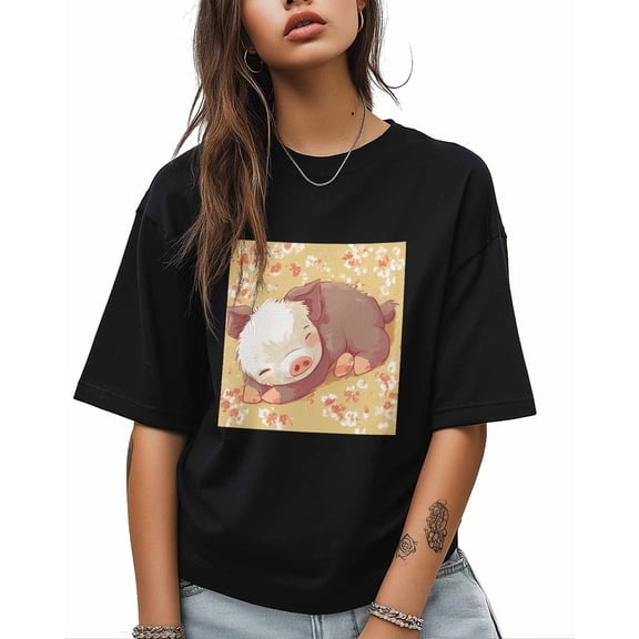T Shirts for Women Short Sleeve Cotton Crewneck T-Shirt, Sleeping Pig Animal Tee Tops Casual Basic T-Shirts, XS-5XL Black XL