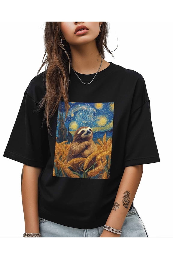 T Shirts for Women Short Sleeve Cotton Crewneck T-Shirt, Sloth Wheat Field Oil Painting Tee Tops Casual Basic T-Shirts, XS-5XL Black XS