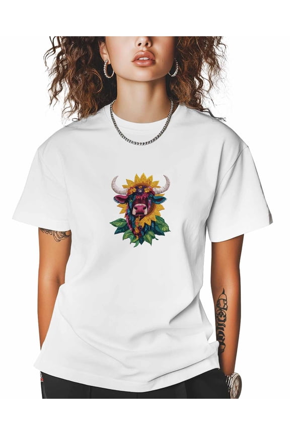 T Shirts for Women Short Sleeve Cotton Crewneck T-Shirt, Spanish Painted Yak Cow Tee Tops Casual Basic T-Shirts, XS-5XL White XL