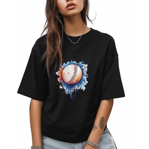 T Shirts for Women Short Sleeve Cotton Crewneck T-Shirt, Sports Style Watercolor Baseball Tee Tops Casual Basic T-Shirts, XS-5XL Black M