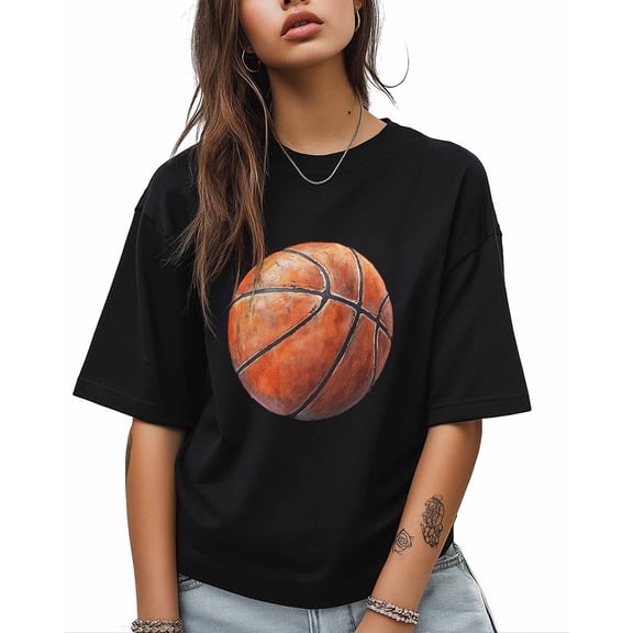 T Shirts for Women Short Sleeve Cotton Crewneck T-Shirt, Sports Watercolor Basketball Tee Tops Casual Basic T-Shirts, XS-5XL Black S