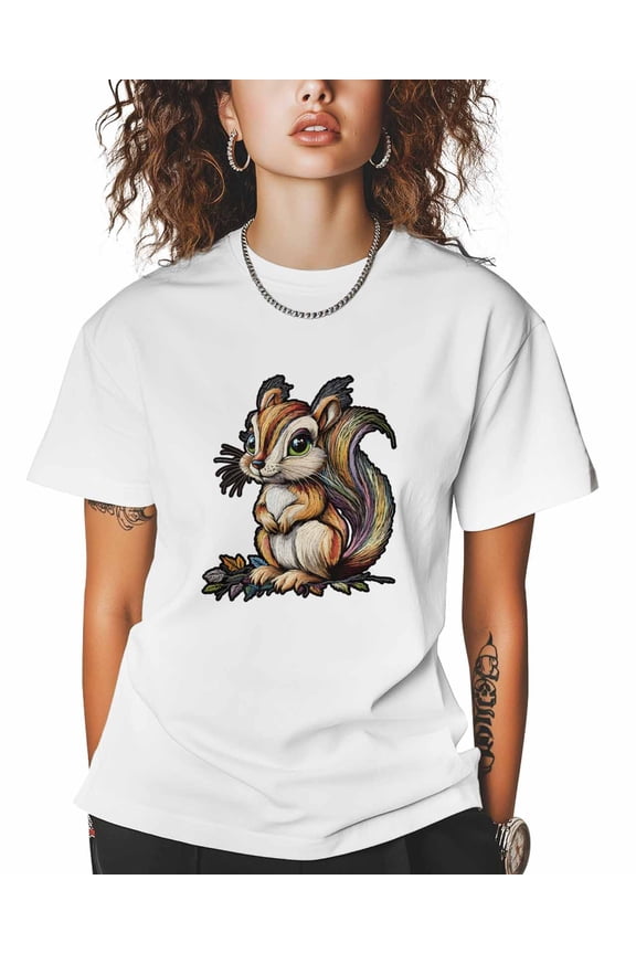 T Shirts for Women Short Sleeve Cotton Crewneck T-Shirt, Squirrel Animal Cartoon Embroidery Style Tee Tops Casual Basic T-Shirts, XS-5XL White 5XL