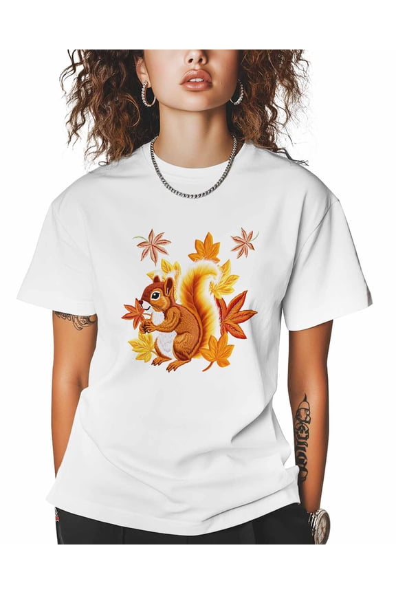 T Shirts for Women Short Sleeve Cotton Crewneck T-Shirt, Squirrel Maple Leaf Embroidery Tee Tops Casual Basic T-Shirts, XS-5XL White 4XL