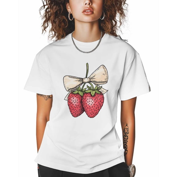 T Shirts for Women Short Sleeve Cotton Crewneck T-Shirt, Strawberry with White Bow Tee Tops Casual Basic T-Shirts, XS-5XL White XS