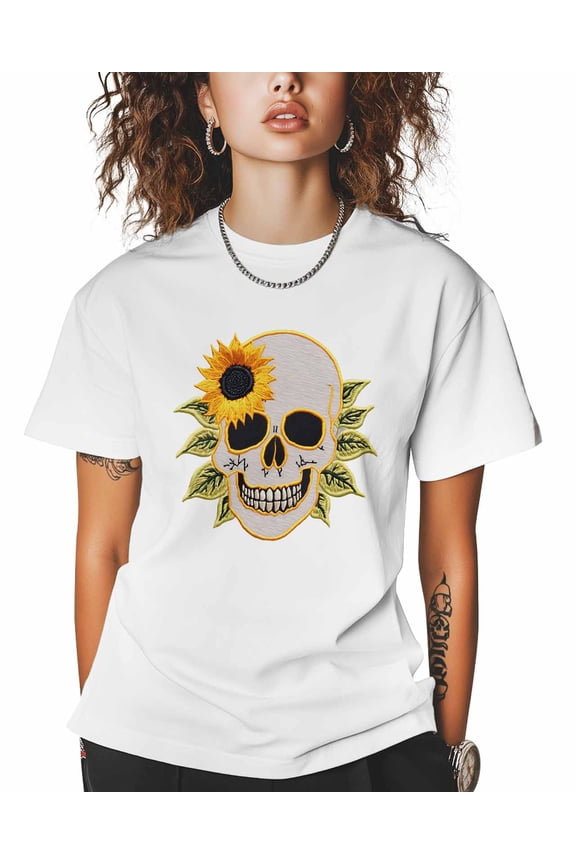 T Shirts for Women Short Sleeve Cotton Crewneck T-Shirt, Sunflower Skull Embroidered Tee Tops Casual Basic T-Shirts, XS-5XL White XL
