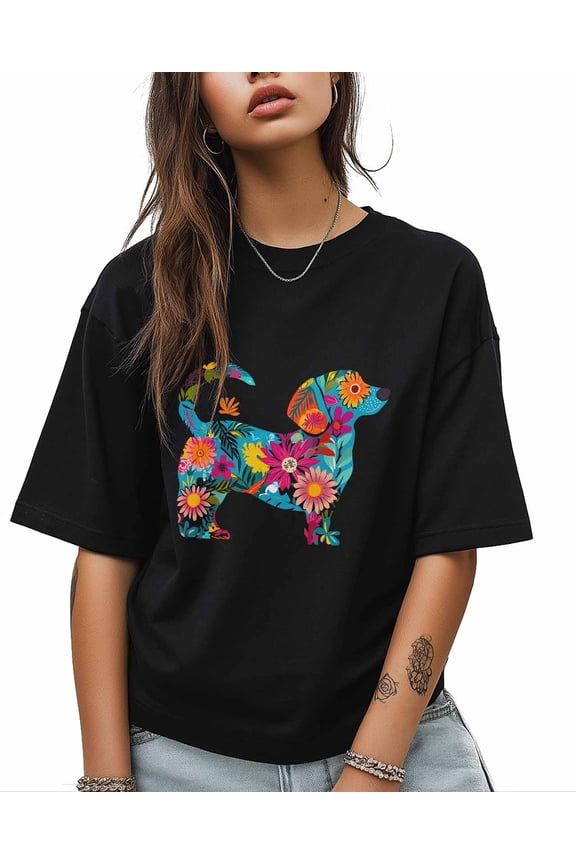 T Shirts for Women Short Sleeve Cotton Crewneck T-Shirt, Teal Floral Dog Silhouette Tee Tops Casual Basic T-Shirts, XS-5XL Black M