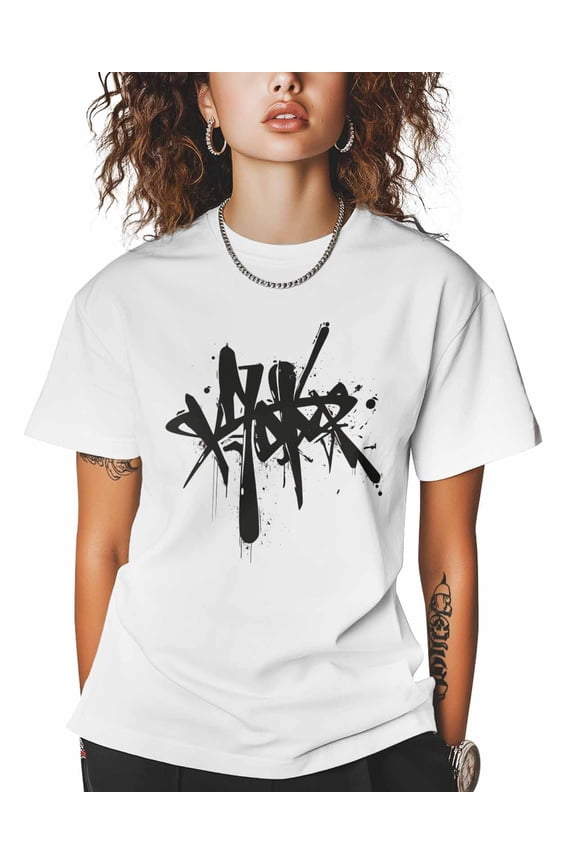 T Shirts for Women Short Sleeve Cotton Crewneck T-Shirt, Text Graffiti Abstract Tee Tops Casual Basic T-Shirts, XS-5XL White 3XL