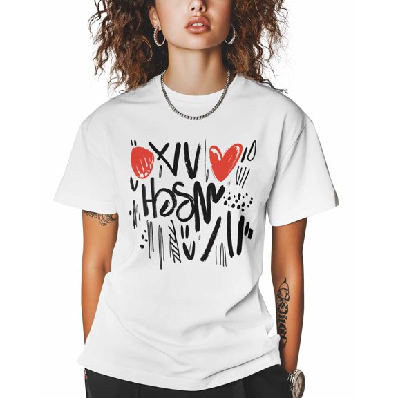 T Shirts for Women Short Sleeve Cotton Crewneck T-Shirt, Text Heart Graffiti Abstract Tee Tops Casual Basic T-Shirts, XS-5XL White L