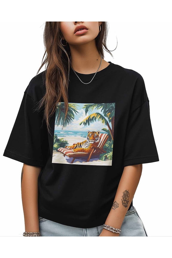 T Shirts for Women Short Sleeve Cotton Crewneck T-Shirt, Tiger Animal Beach Tee Tops Casual Basic T-Shirts, XS-5XL Black 5XL
