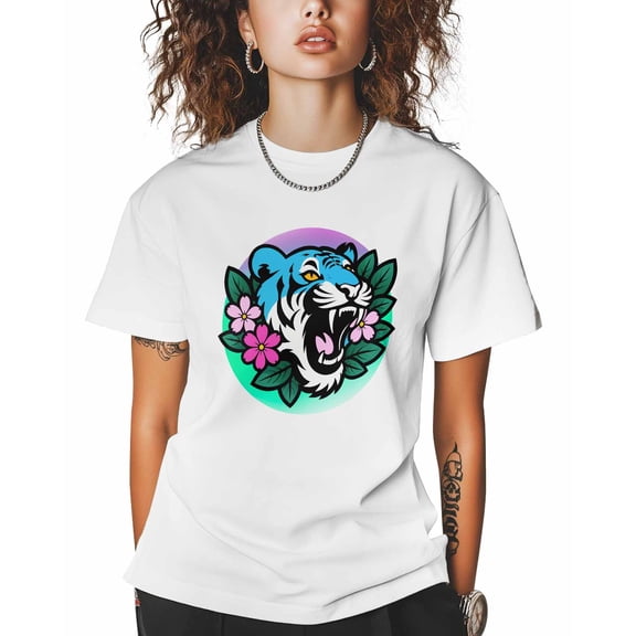 T Shirts for Women Short Sleeve Cotton Crewneck T-Shirt, Tiger Flowers Leaf Cartoon Tee Tops Casual Basic T-Shirts, XS-5XL White 4XL