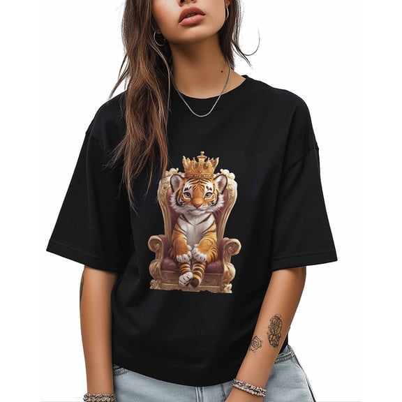 T Shirts for Women Short Sleeve Cotton Crewneck T-Shirt, Tiger Throne Crown Tee Tops Casual Basic T-Shirts, XS-5XL Black XS