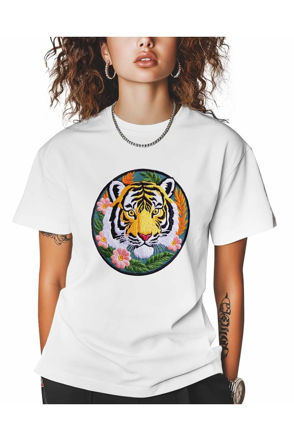 T Shirts for Women Short Sleeve Cotton Crewneck T-Shirt, Tiger Wheat Flower Embroidered Tee Tops Casual Basic T-Shirts, XS-5XL White 5XL