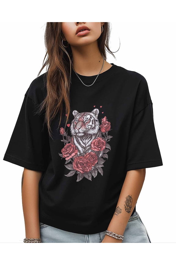 T Shirts for Women Short Sleeve Cotton Crewneck T-Shirt, Tiger with Red Roses Flower Tee Tops Casual Basic T-Shirts, XS-5XL Black XS
