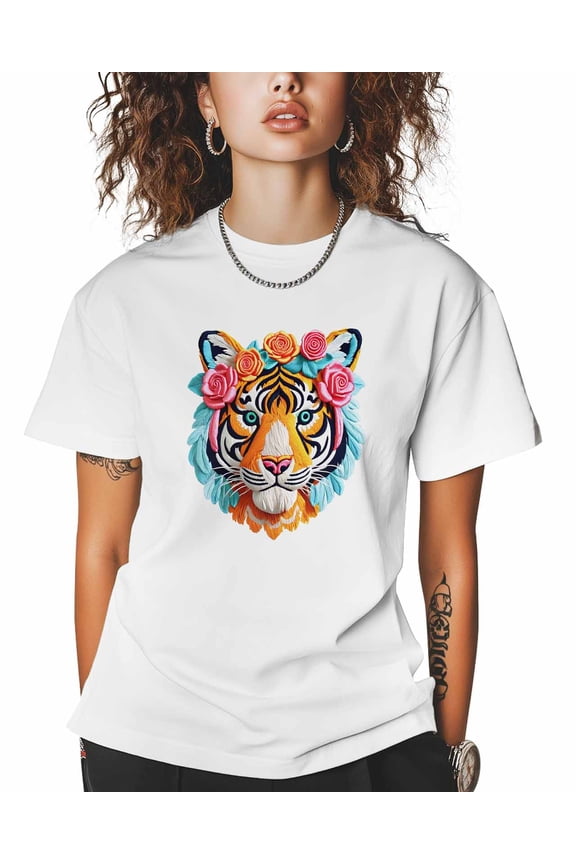 T Shirts for Women Short Sleeve Cotton Crewneck T-Shirt, Tiger with Rose Blue Feather Tee Tops Casual Basic T-Shirts, XS-5XL White M