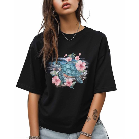 T Shirts for Women Short Sleeve Cotton Crewneck T-Shirt, Turquoise Sea Turtle Pink Flowers Tee Tops Casual Basic T-Shirts, XS-5XL Black XS