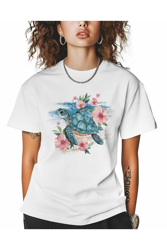 T Shirts for Women Short Sleeve Cotton Crewneck T-Shirt, Turquoise Sea Turtle Pink Flowers Tee Tops Casual Basic T-Shirts, XS-5XL White XL