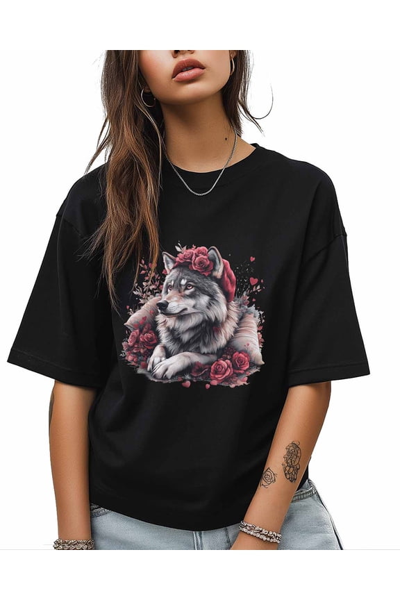 T Shirts for Women Short Sleeve Cotton Crewneck T-Shirt, Valentine's Day Cute Wolf Tee Tops Casual Basic T-Shirts, XS-5XL Black 5XL