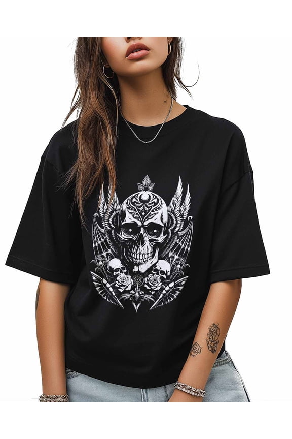 T Shirts for Women Short Sleeve Cotton Crewneck T-Shirt, Vintage Abstract Scary Skull Tee Tops Casual Basic T-Shirts, XS-5XL Black M