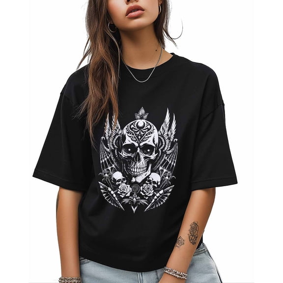 T Shirts for Women Short Sleeve Cotton Crewneck T-Shirt, Vintage Abstract Scary Skull Tee Tops Casual Basic T-Shirts, XS-5XL Black XL
