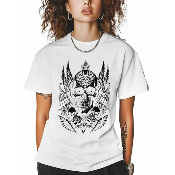 T Shirts for Women Short Sleeve Cotton Crewneck T-Shirt, Vintage Abstract Scary Skull Tee Tops Casual Basic T-Shirts, XS-5XL White 5XL