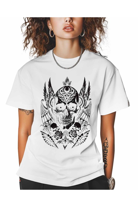 T Shirts for Women Short Sleeve Cotton Crewneck T-Shirt, Vintage Abstract Scary Skull Tee Tops Casual Basic T-Shirts, XS-5XL White 5XL