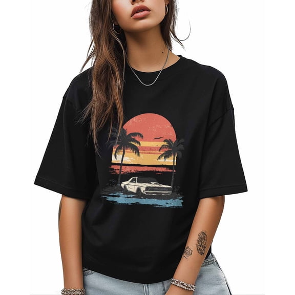T Shirts for Women Short Sleeve Cotton Crewneck T-Shirt, Vintage Car Sunset Palm Tree Tee Tops Casual Basic T-Shirts, XS-5XL Black L