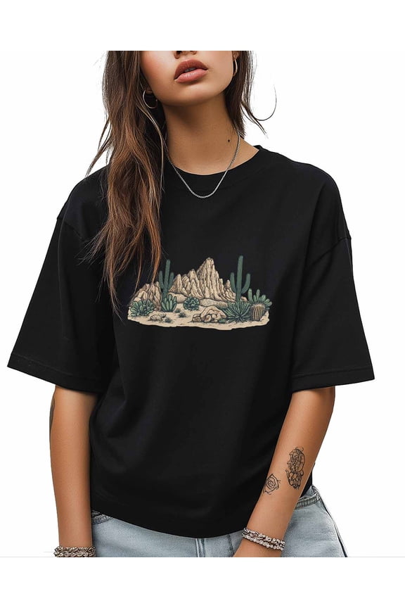 T Shirts for Women Short Sleeve Cotton Crewneck T-Shirt, Vintage Desert Mountain Cactus Tee Tops Casual Basic T-Shirts, XS-5XL Black XS