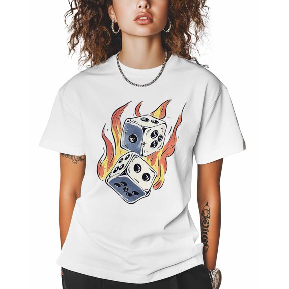 T Shirts for Women Short Sleeve Cotton Crewneck T-Shirt, Vintage Dice Fire Tee Tops Casual Basic T-Shirts, XS-5XL White S