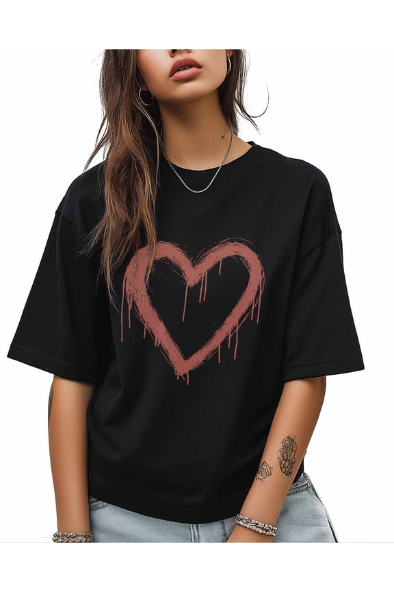 T Shirts for Women Short Sleeve Cotton Crewneck T-Shirt, Vintage Graffiti Red Hearts Tee Tops Casual Basic T-Shirts, XS-5XL Black 5XL