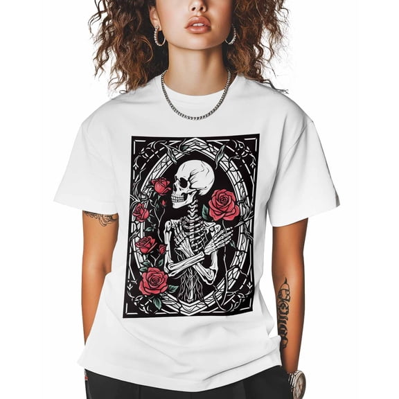 T Shirts for Women Short Sleeve Cotton Crewneck T-Shirt, Vintage Skeleton Man Red Rose Tee Tops Casual Basic T-Shirts, XS-5XL White XS