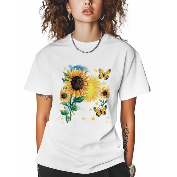 T Shirts for Women Short Sleeve Cotton Crewneck T-Shirt, Vintage Sunflower Yellow Butterfly Sun Tee Tops Casual Basic T-Shirts, XS-5XL White 5XL