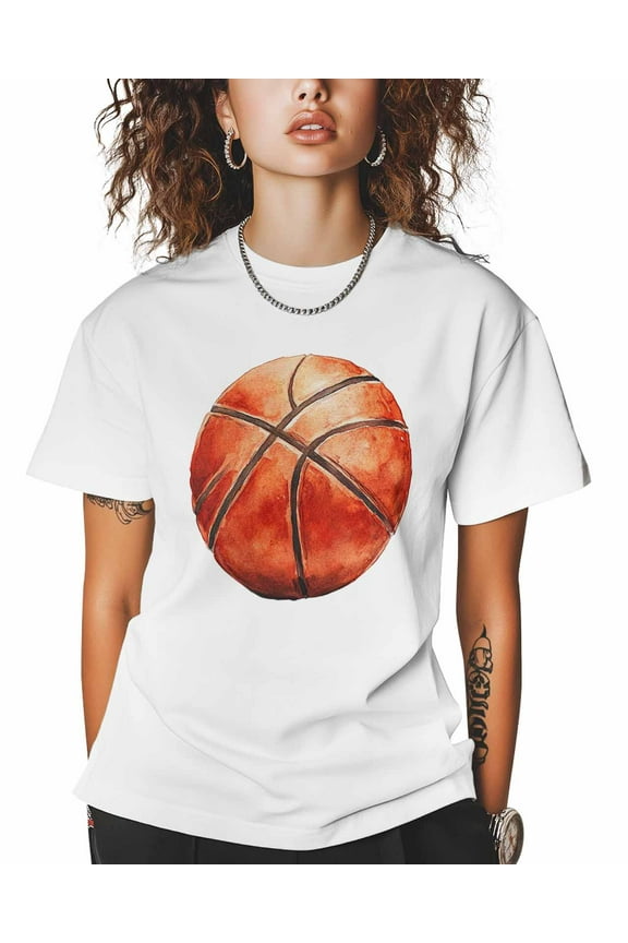 T Shirts for Women Short Sleeve Cotton Crewneck T-Shirt, Watercolor Basketball Sport Tee Tops Casual Basic T-Shirts, XS-5XL White XS
