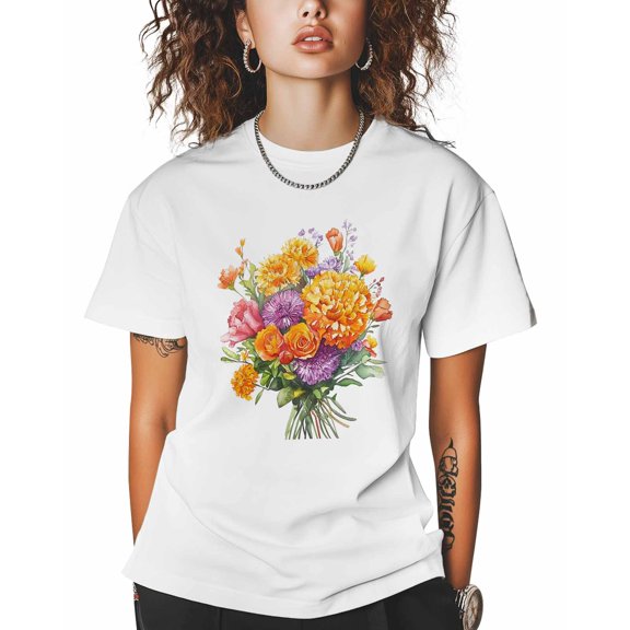 T Shirts for Women Short Sleeve Cotton Crewneck T-Shirt, Watercolor Carnation Flower Tee Tops Casual Basic T-Shirts, XS-5XL White XS