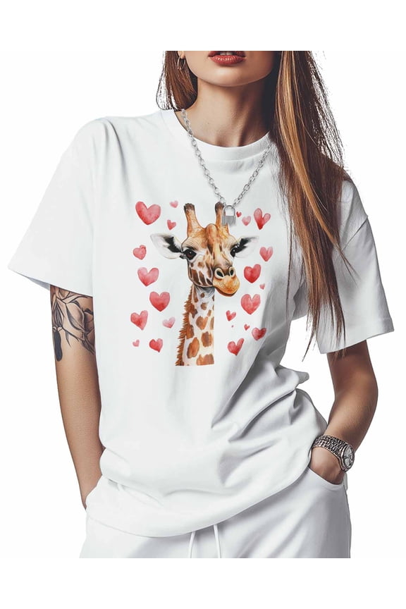 T Shirts for Women Short Sleeve Cotton Crewneck T-Shirt, Watercolor Giraffe Red Heart Tee Tops Casual Basic T-Shirts, XS-5XL White XS