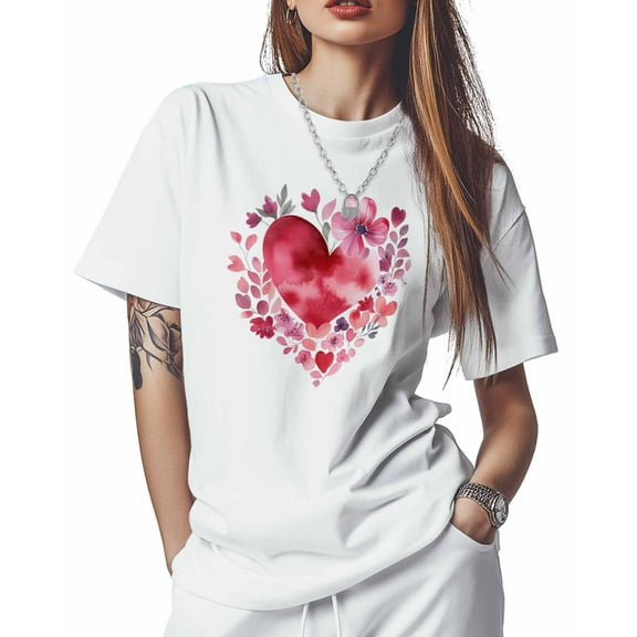 T Shirts for Women Short Sleeve Cotton Crewneck T-Shirt, Watercolor Pink Heart Flower Tee Tops Casual Basic T-Shirts, XS-5XL White S