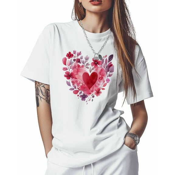 T Shirts for Women Short Sleeve Cotton Crewneck T-Shirt, Watercolor Red Heart Floral Leaf Tee Tops Casual Basic T-Shirts, XS-5XL White XL