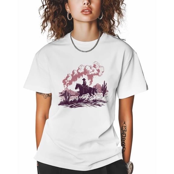 T Shirts for Women Short Sleeve Cotton Crewneck T-Shirt, Western Cowboy Cactus Smoke Tee Tops Casual Basic T-Shirts, XS-5XL White XS