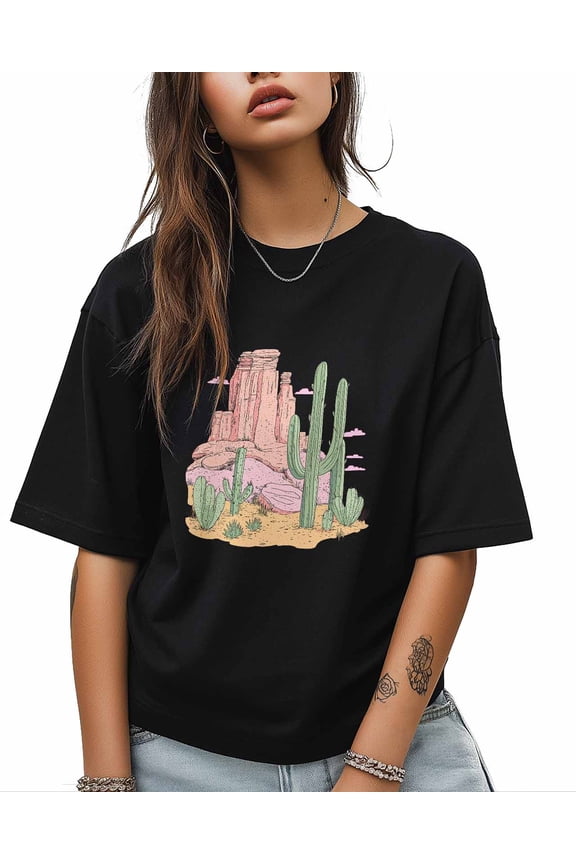 T Shirts for Women Short Sleeve Cotton Crewneck T-Shirt, Western Desert Mountain Cactus Tee Tops Casual Basic T-Shirts, XS-5XL Black XS