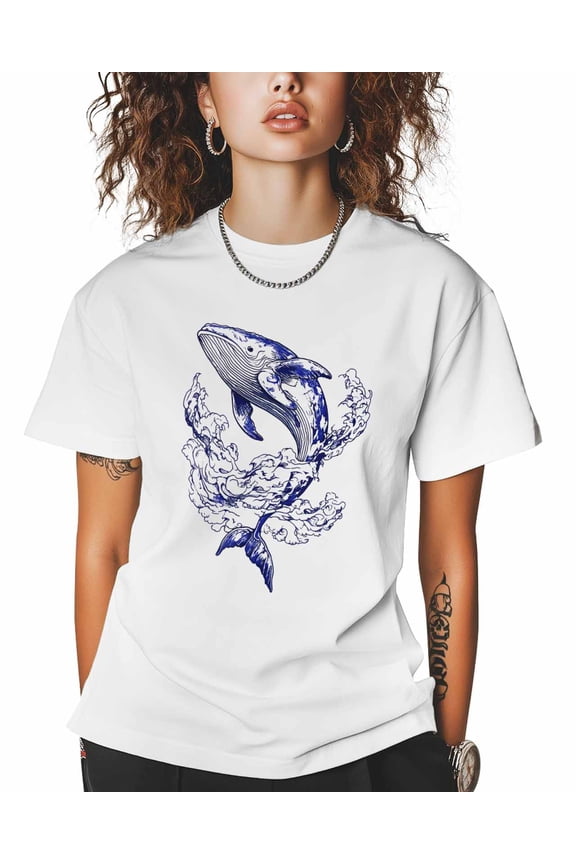 T Shirts for Women Short Sleeve Cotton Crewneck T-Shirt, Whale Wave Abstract Hand Drawn Tee Tops Casual Basic T-Shirts, XS-5XL White XS
