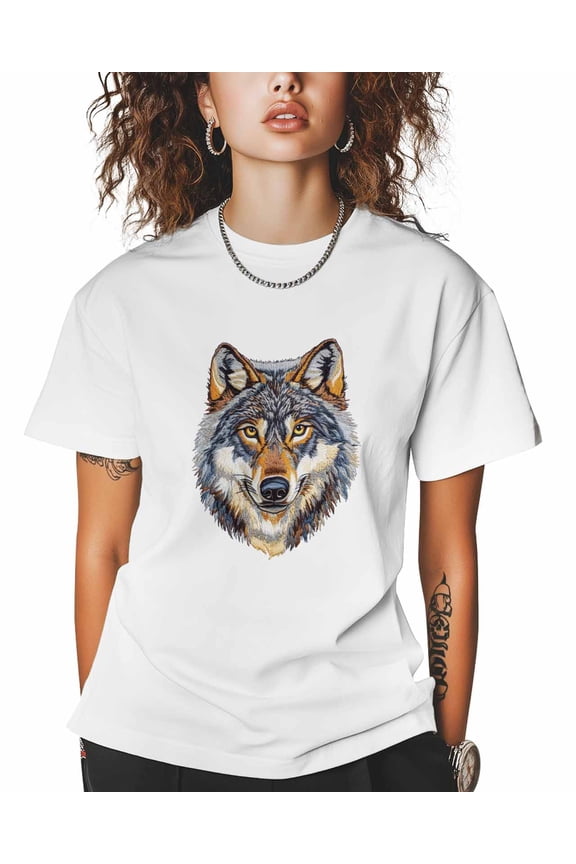 T Shirts for Women Short Sleeve Cotton Crewneck T-Shirt, Wolf Animal Embroidery Style Tee Tops Casual Basic T-Shirts, XS-5XL White 5XL