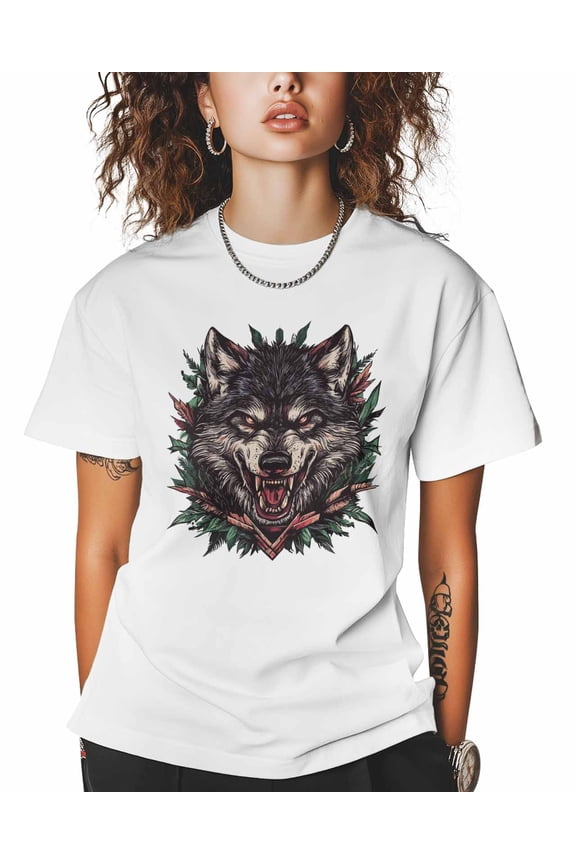T Shirts for Women Short Sleeve Cotton Crewneck T-Shirt, Wolf Leaf Cartoon Animals Retro Tee Tops Casual Basic T-Shirts, XS-5XL White XS