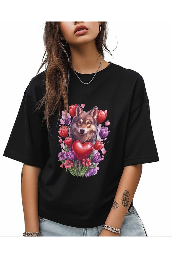 T Shirts for Women Short Sleeve Cotton Crewneck T-Shirt, Wolf Love Heart Balloon Flowers Tee Tops Casual Basic T-Shirts, XS-5XL Black XS