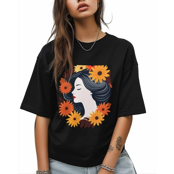 T Shirts for Women Short Sleeve Cotton Crewneck T-Shirt, Woman with Orange Flowers Tee Tops Casual Basic T-Shirts, XS-5XL Black M