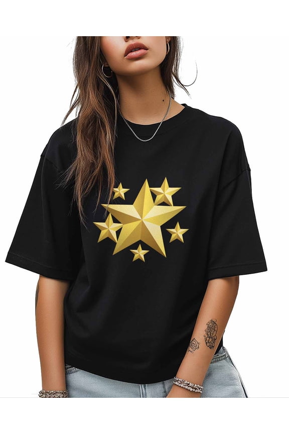 T Shirts for Women Short Sleeve Cotton Crewneck T-Shirt, Yellow 3D Five Stars Tee Tops Casual Basic T-Shirts, XS-5XL Black 4XL