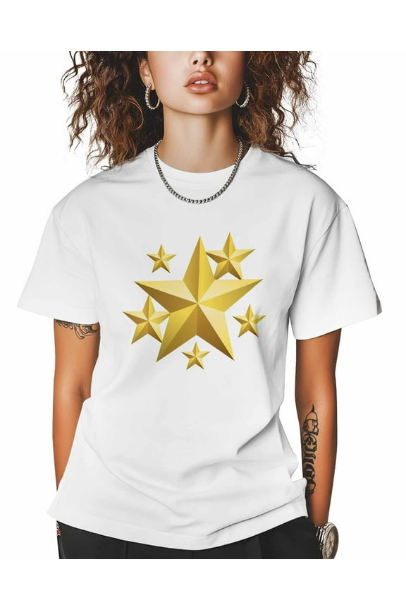 T Shirts for Women Short Sleeve Cotton Crewneck T-Shirt, Yellow 3D Five Stars Tee Tops Casual Basic T-Shirts, XS-5XL White 5XL