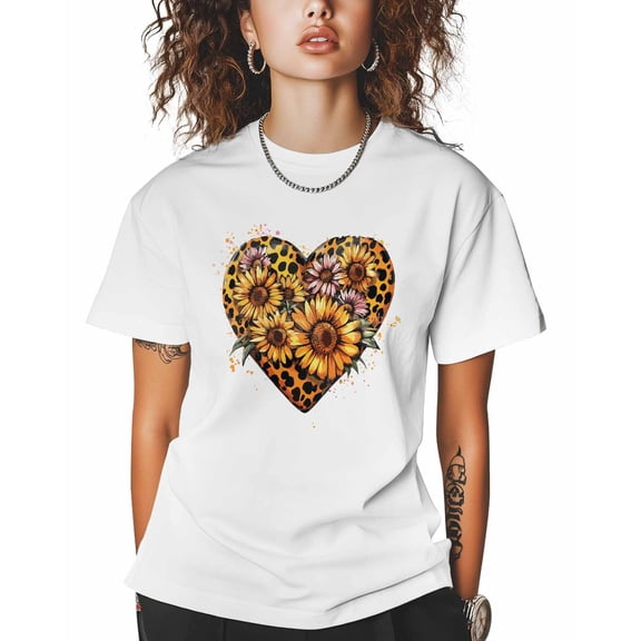 T Shirts for Women Short Sleeve Cotton Crewneck T-Shirt, Yellow Sunflower Leopard Print Tee Tops Casual Basic T-Shirts, XS-5XL White L